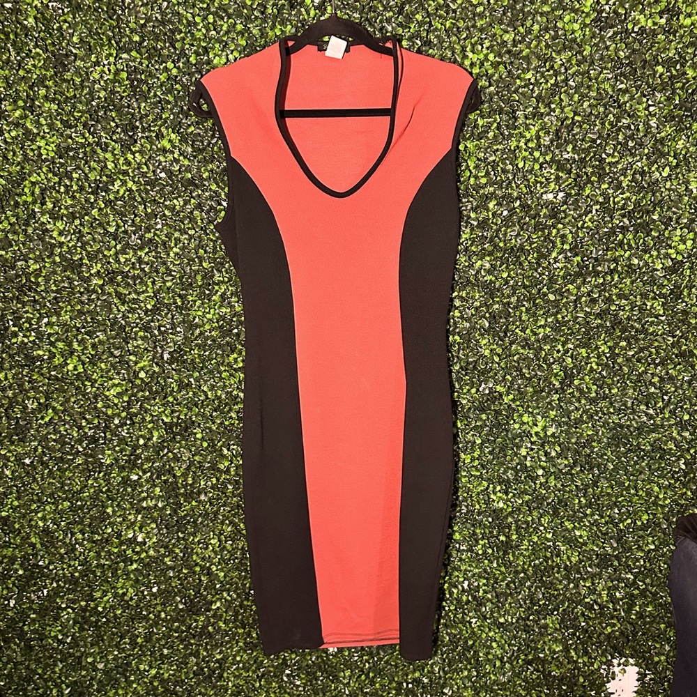High Neck Low Cut Light Burgundy/Black Striped Dress